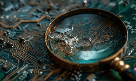 Cracked gold rimmed magnifying glass lying atop a circuit board