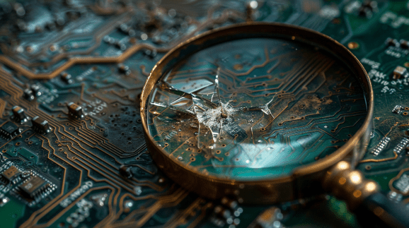 Cracked gold rimmed magnifying glass lying atop a circuit board