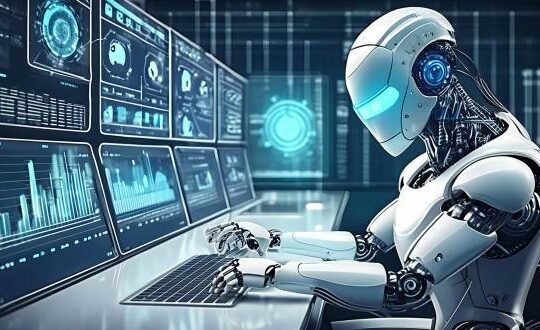 AI-generated image of a robot sitting at a computer running tests.