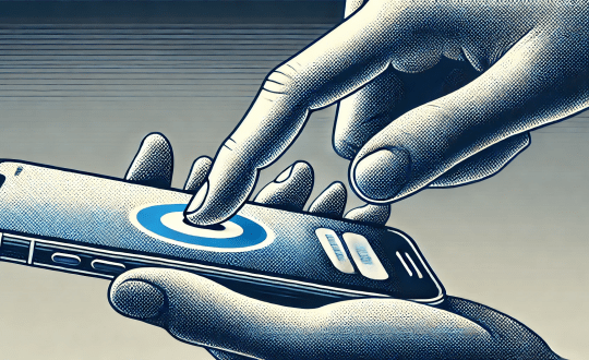 Blue hued pointillist style AI image showing a close up of a person's hands holding and tapping on the screen of an iPhone like smartphone