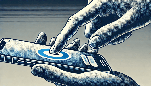 Blue hued pointillist style AI image showing a close up of a person's hands holding and tapping on the screen of an iPhone like smartphone