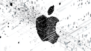 Black stylized Apple Inc logo surrounded by glitchy artifacts on white backdrop