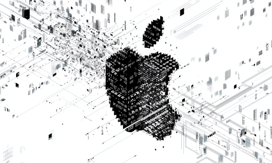 Black stylized Apple Inc logo surrounded by glitchy artifacts on white backdrop