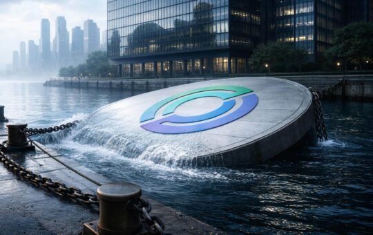 Circle logo platform sinking at a waterfront financial district, symbolizing an overdone 20% sell-off and potential rebound