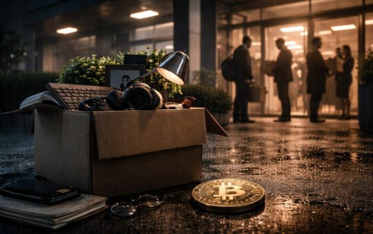 Cardboard box of office belongings outside a tech building with a Bitcoin coin on wet pavement, reflecting AI layoff fears and macroeconomic pressure on crypto markets
