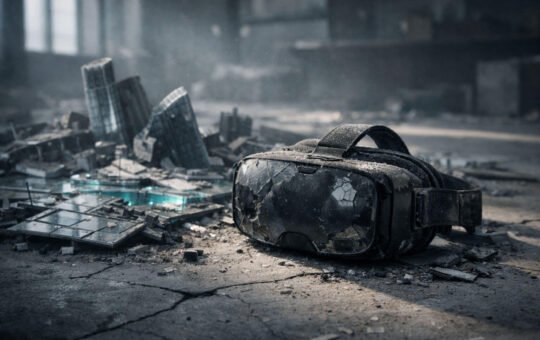 Abandoned VR headset in a crumbling digital cityscape, symbolizing metaverse land crash as a once $24M virtual plot falls to $9,000